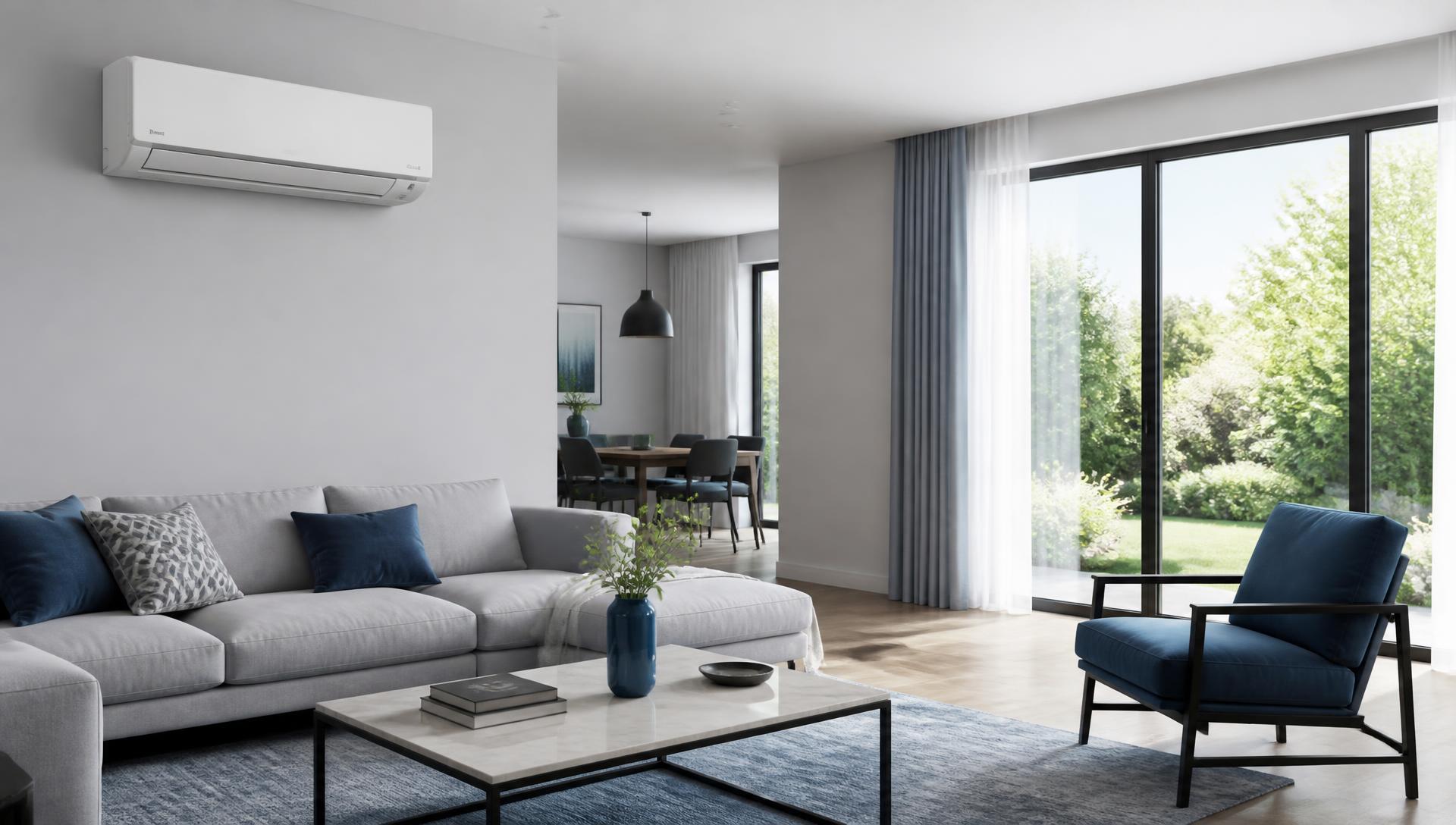 Sala de estar moderna com ar condicionado split instalado na parede