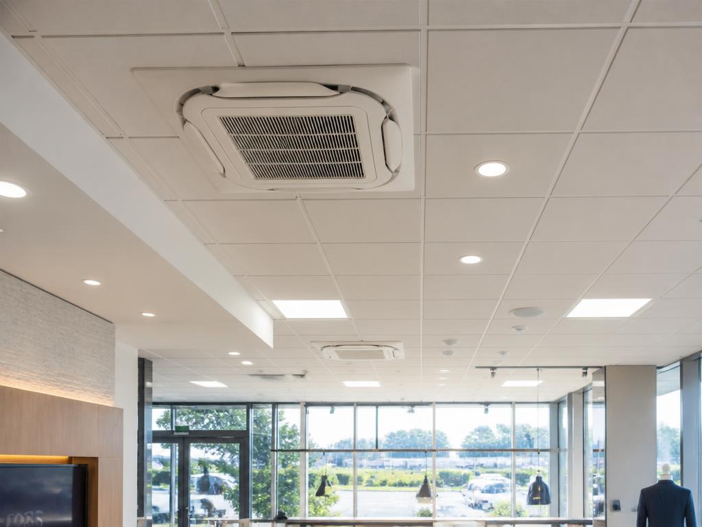 Ar-condicionado cassete instalado em forro de ambiente comercial