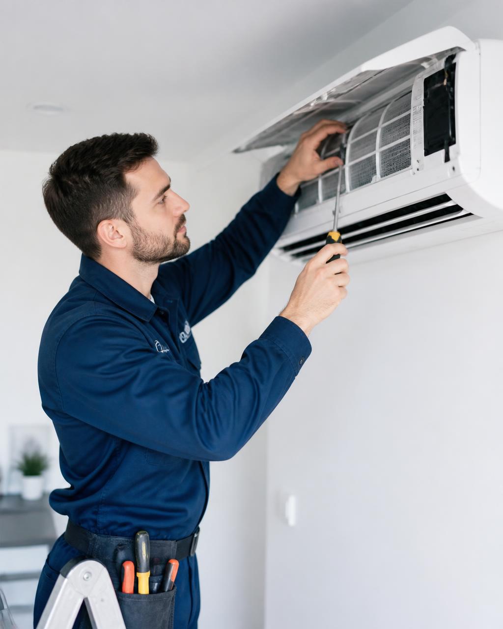 Técnico uniformizado realizando manutenção em ar condicionado split